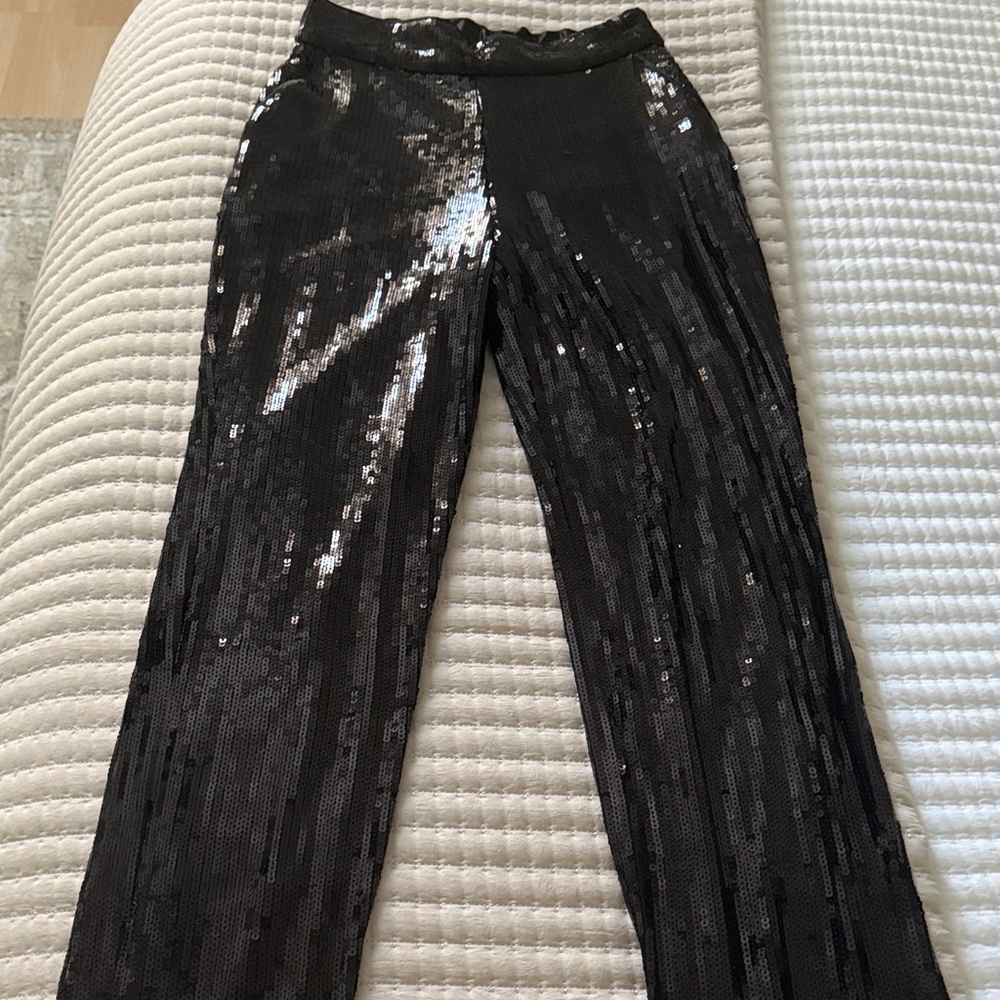 INC Black Sequin Pants Slacks high rise waist straight leg XS 0 inseam 31 NEW